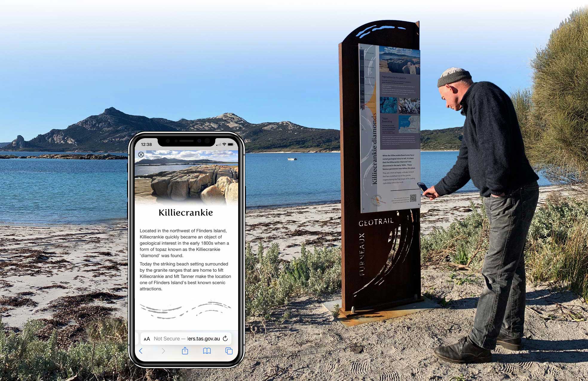 Signage on the Furneaux Geotrail at Flinders Island is supported by custom web app pages publishing the sign content in HTML 