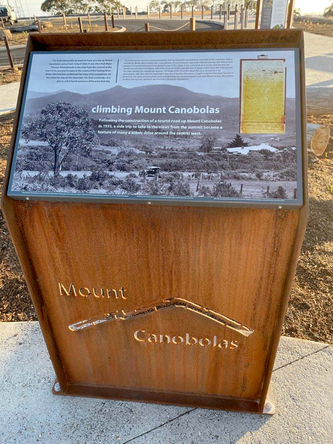 interpretive sign in summit precinct, Mount Canobolas