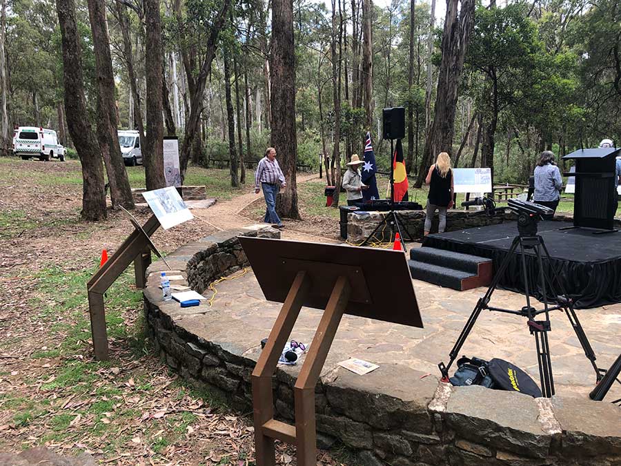 interpretation signs provided the backdrop to official proceedings at Stringybark Creek in 2018